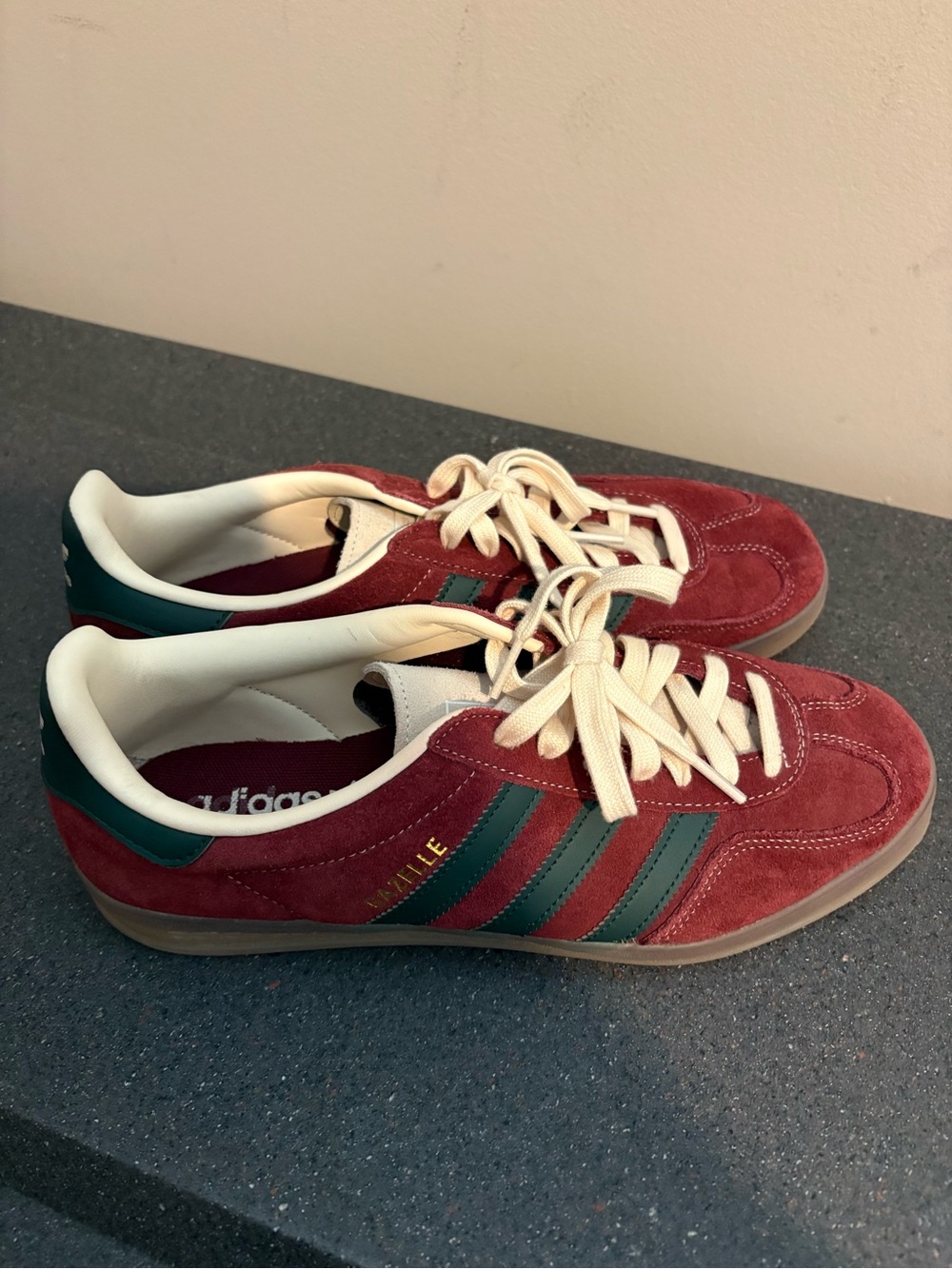 adidas Men's Burgundy Suede Sneakers with Green Stripes